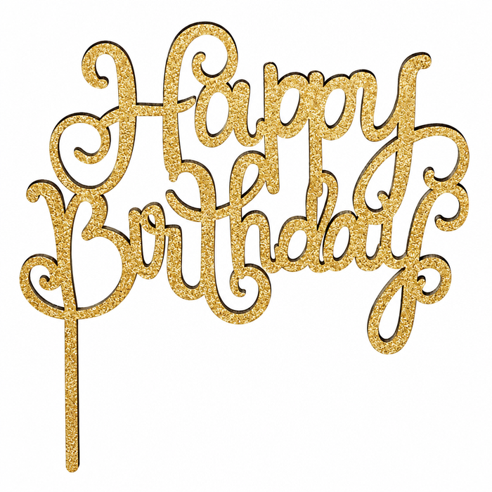 Glitter-gold Happy Birthday topper on a white background