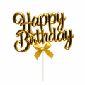 Gold Happy Birthday topper with bow on a white background