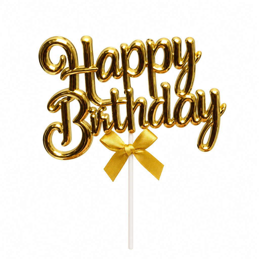 Gold Happy Birthday topper with bow on a white background